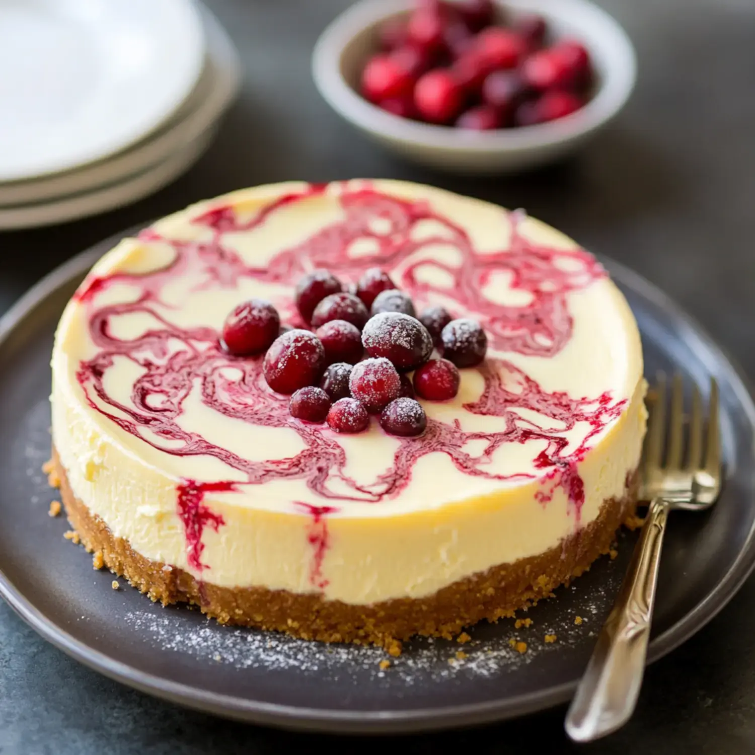 A creamy cheesecake topped with a berry coulis and fresh cranberries, served on a dark plate with a fork alongside a bowl of berries in the background.