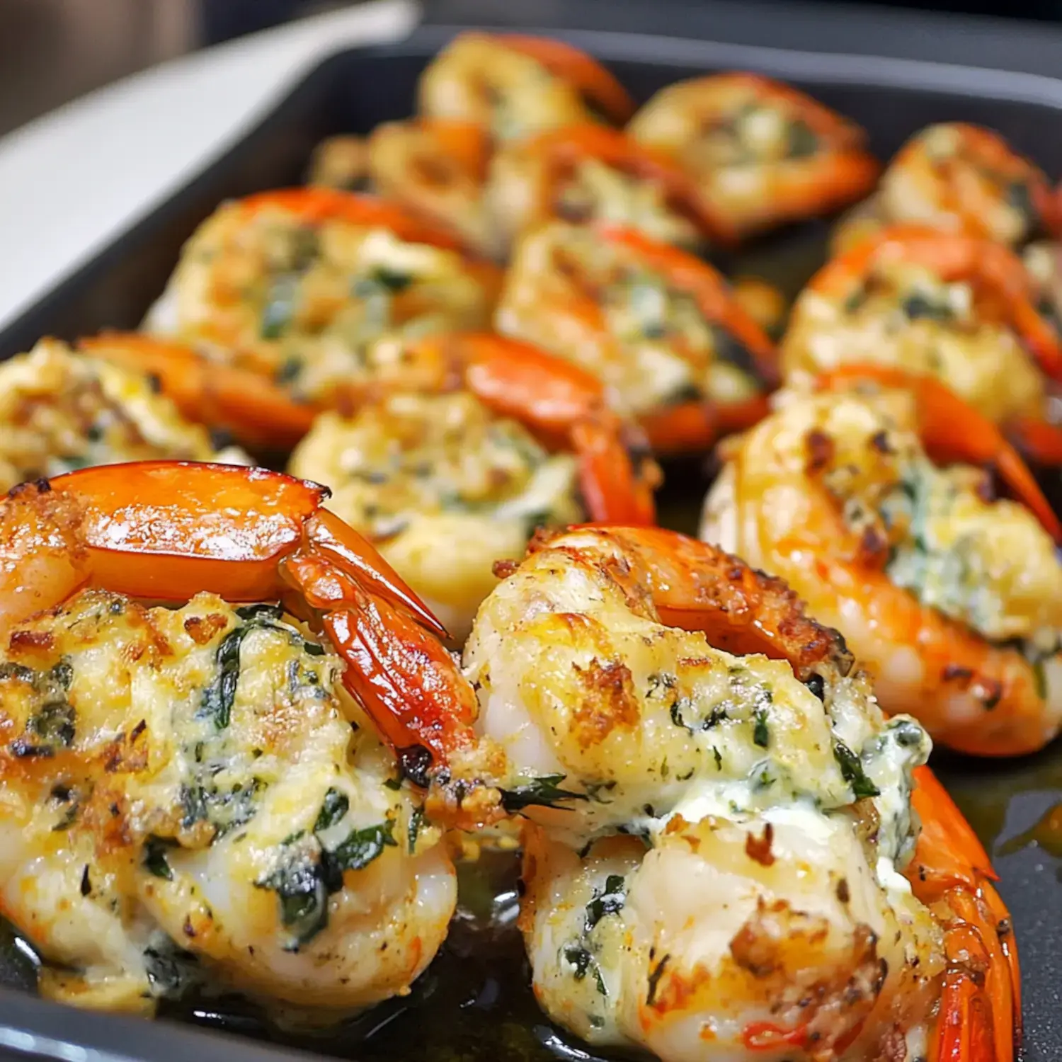 A close-up of grilled and stuffed shrimp arranged on a dark tray.