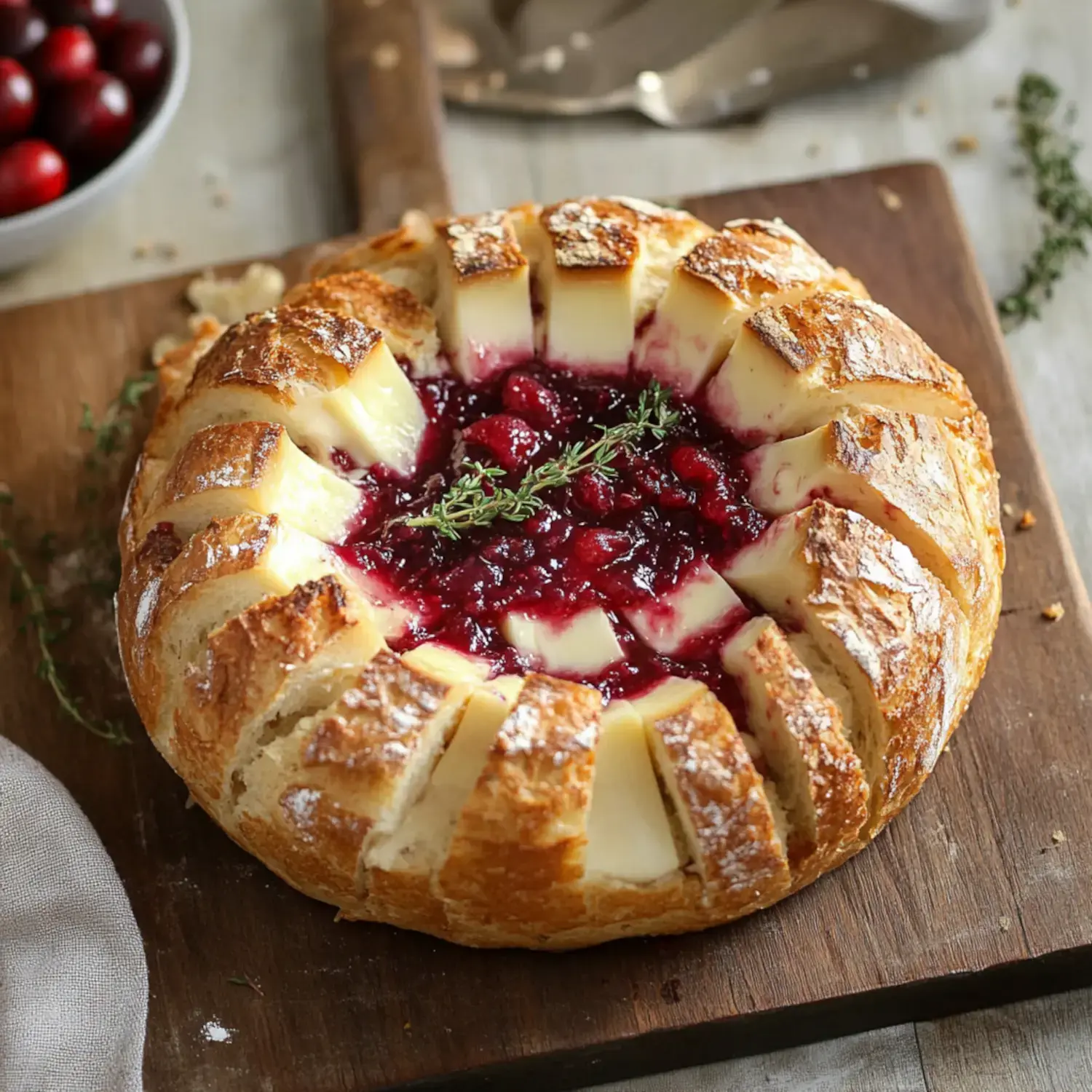 A round loaf of bread filled with gooey cheese and topped with cranberry sauce and fresh thyme, displayed on a wooden cutting board.