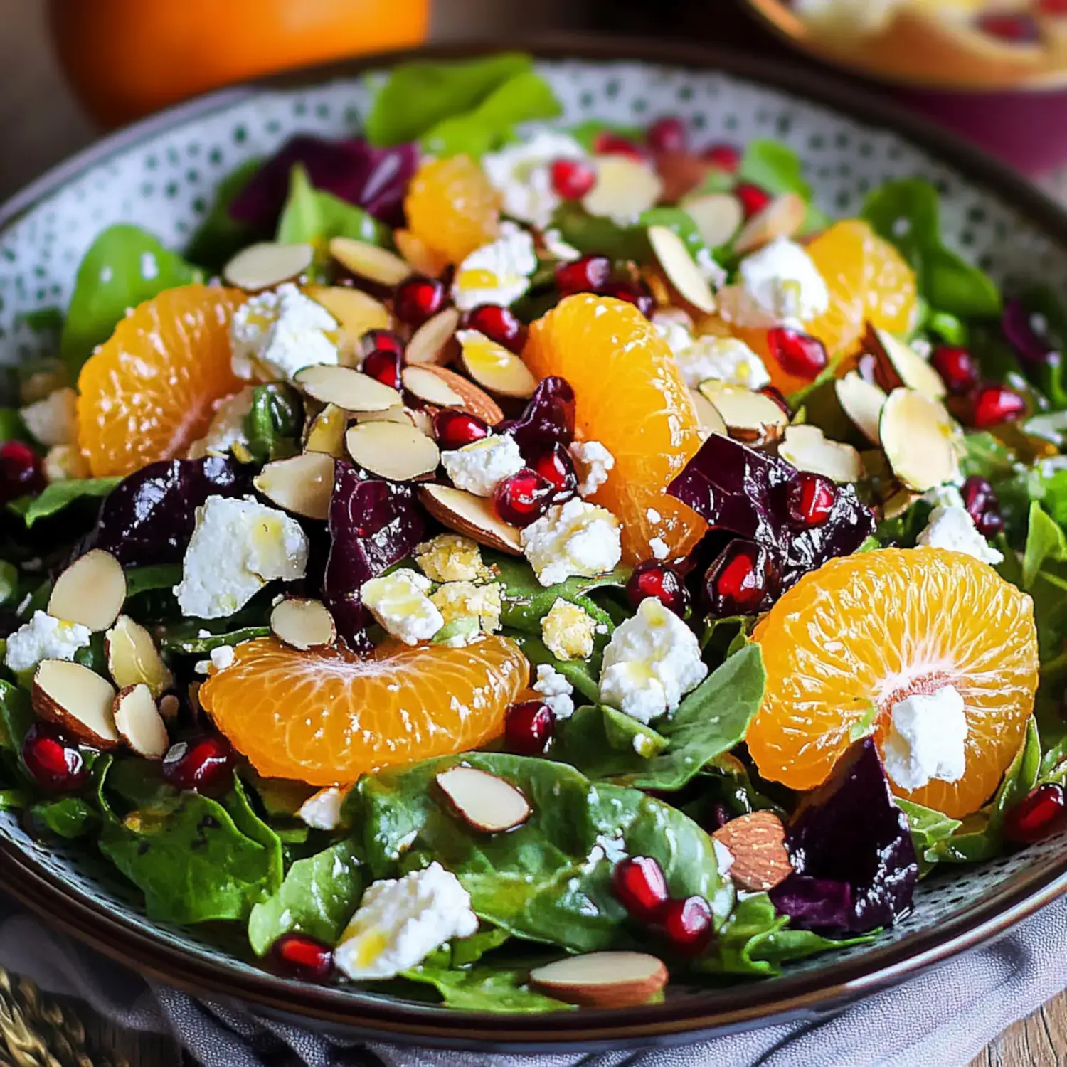 A vibrant salad featuring spinach, mandarin oranges, pomegranate seeds, sliced almonds, and crumbled feta cheese.