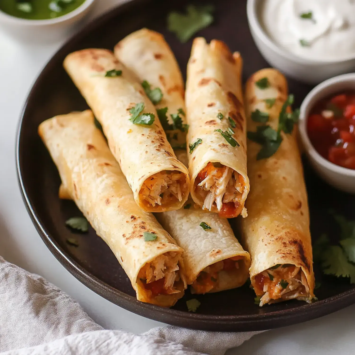 A plate of five crispy taquitos filled with chicken and topped with fresh cilantro, accompanied by small bowls of salsa and sour cream.