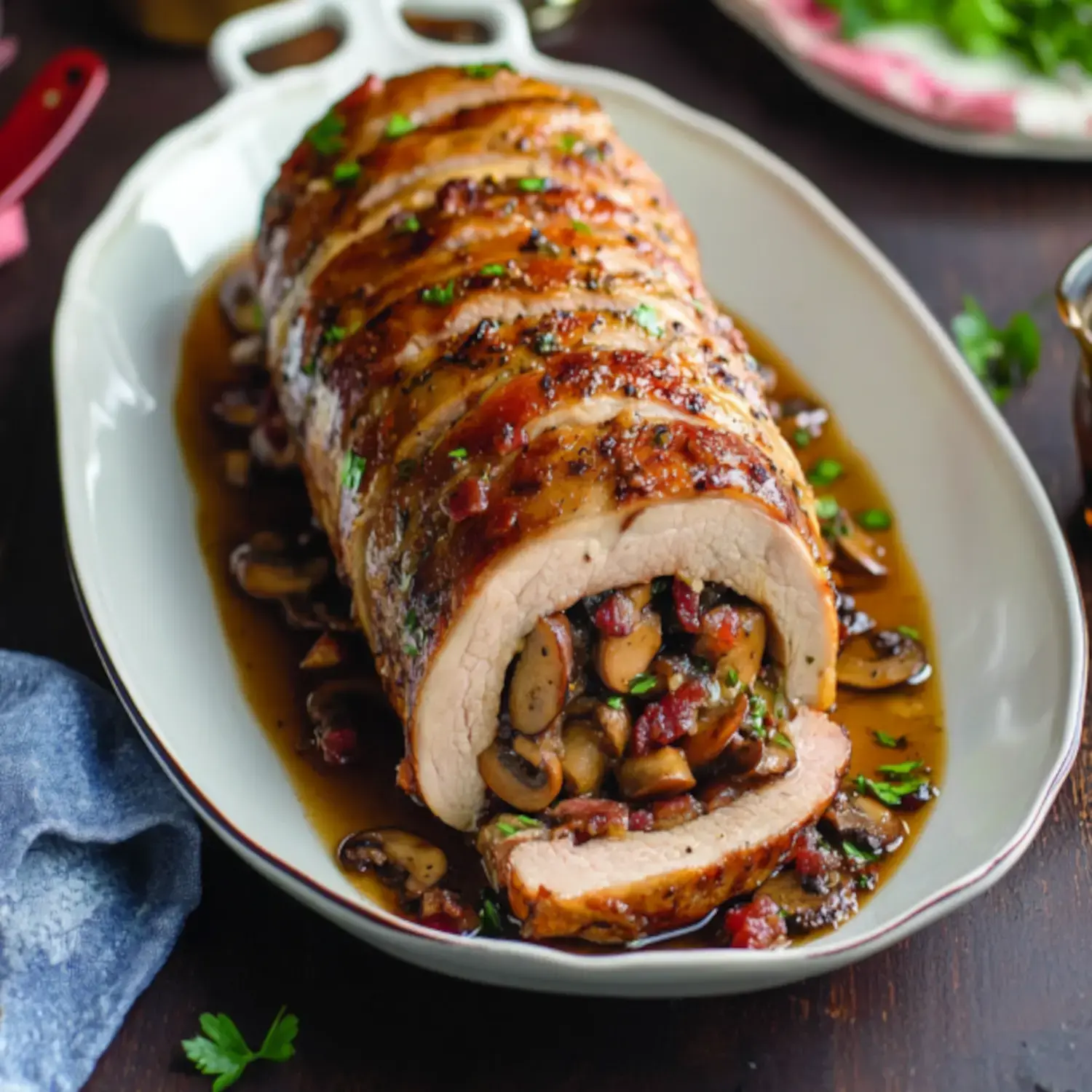 A beautifully roasted pork tenderloin, sliced to reveal a stuffing of mushrooms and bacon, served on a platter with a savory sauce.