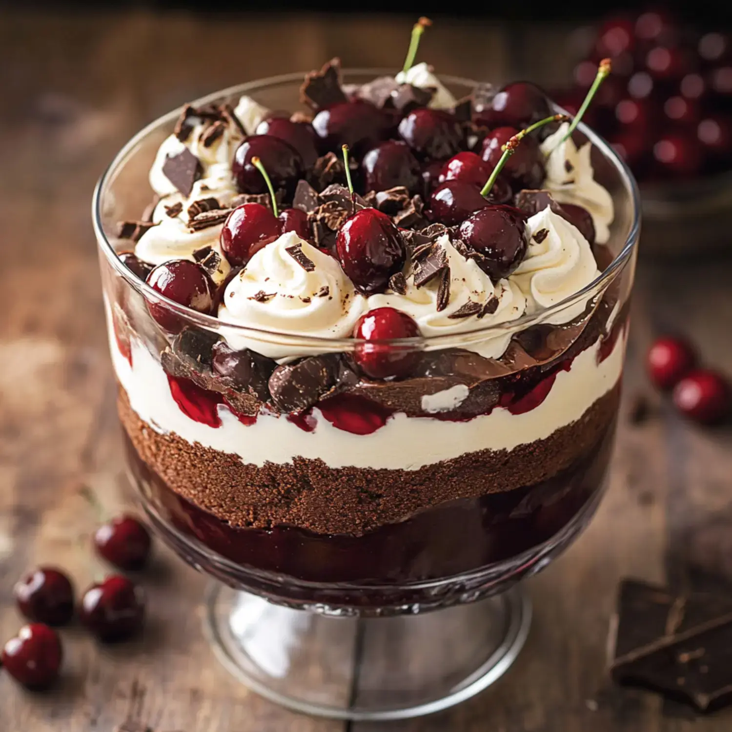 A layered dessert in a glass bowl featuring chocolate cake, whipped cream, cherries, and chocolate shavings on top.