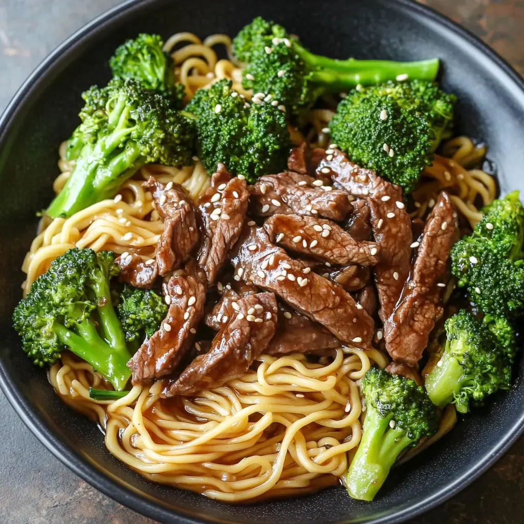 A bowl of stir-fried noodles topped with beef slices and fresh broccoli, garnished with sesame seeds.