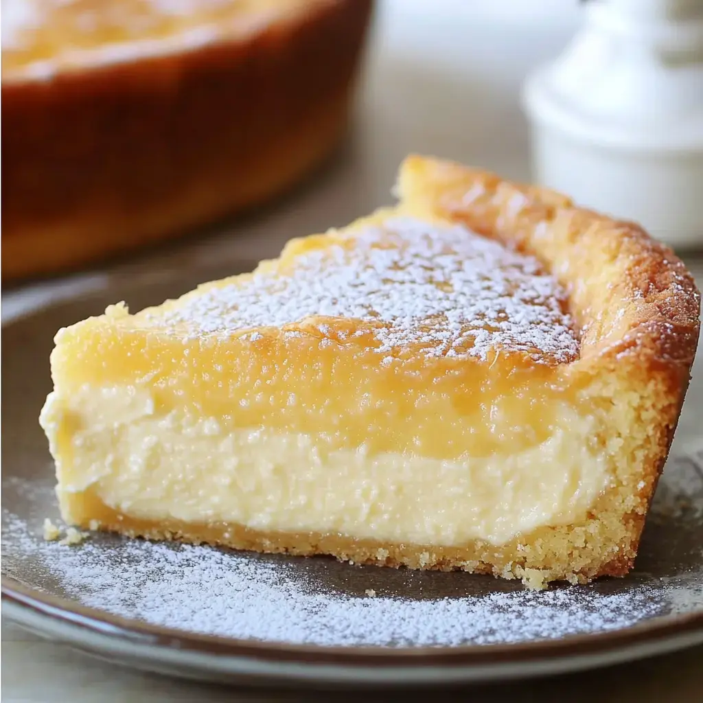 A slice of creamy cheesecake dusted with powdered sugar on a brown plate.