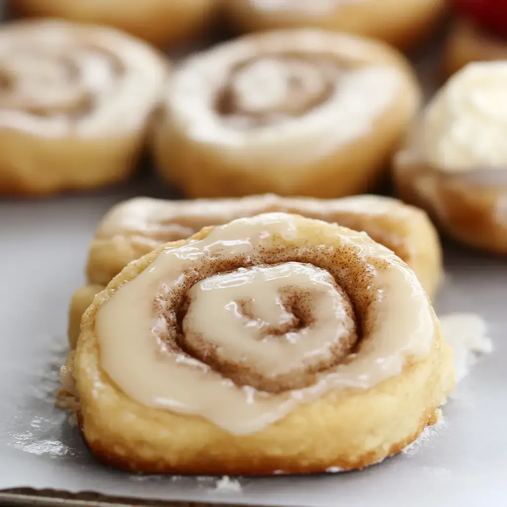 A close-up of a cinnamon roll with icing on a baking sheet, surrounded by other cinnamon rolls in the background.