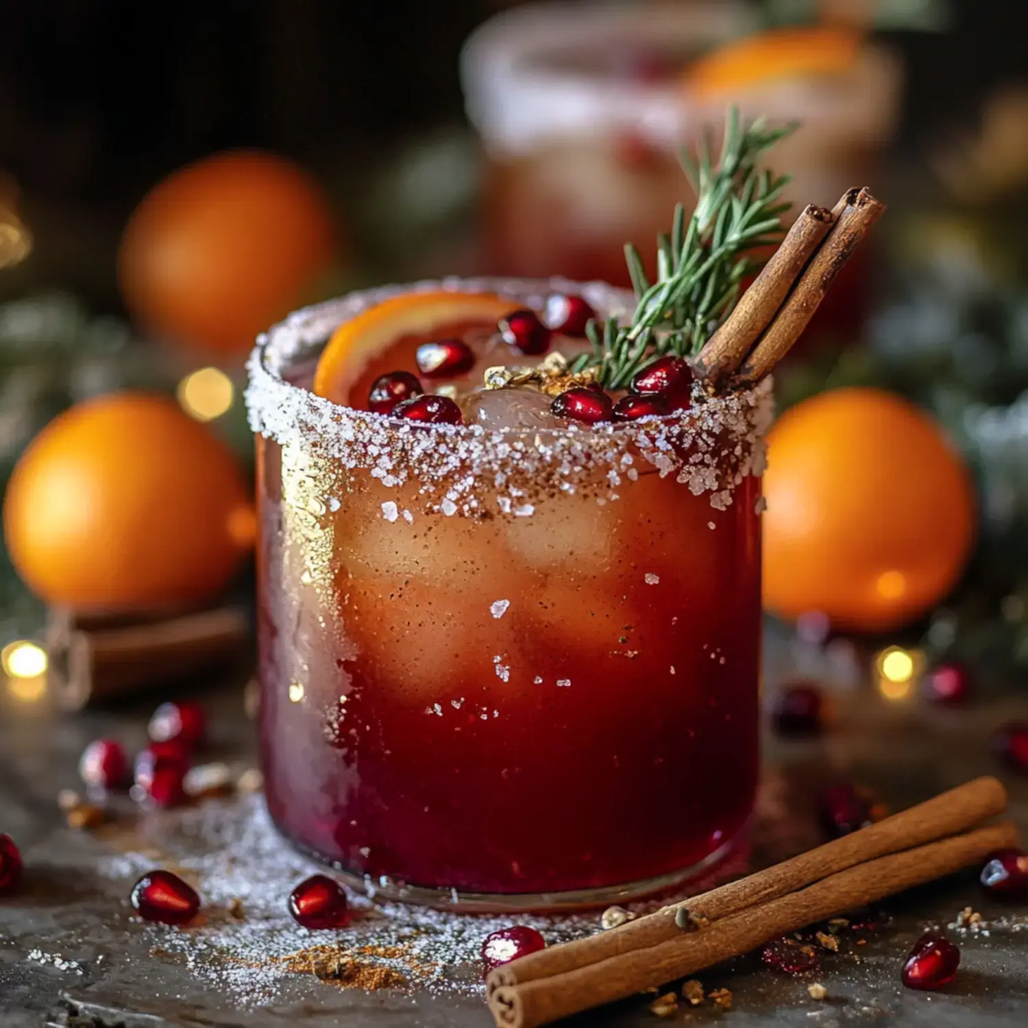 A festive cocktail garnished with pomegranate seeds, an orange slice, a sprig of rosemary, and cinnamon sticks, surrounded by oranges and cinnamon on a dark surface.