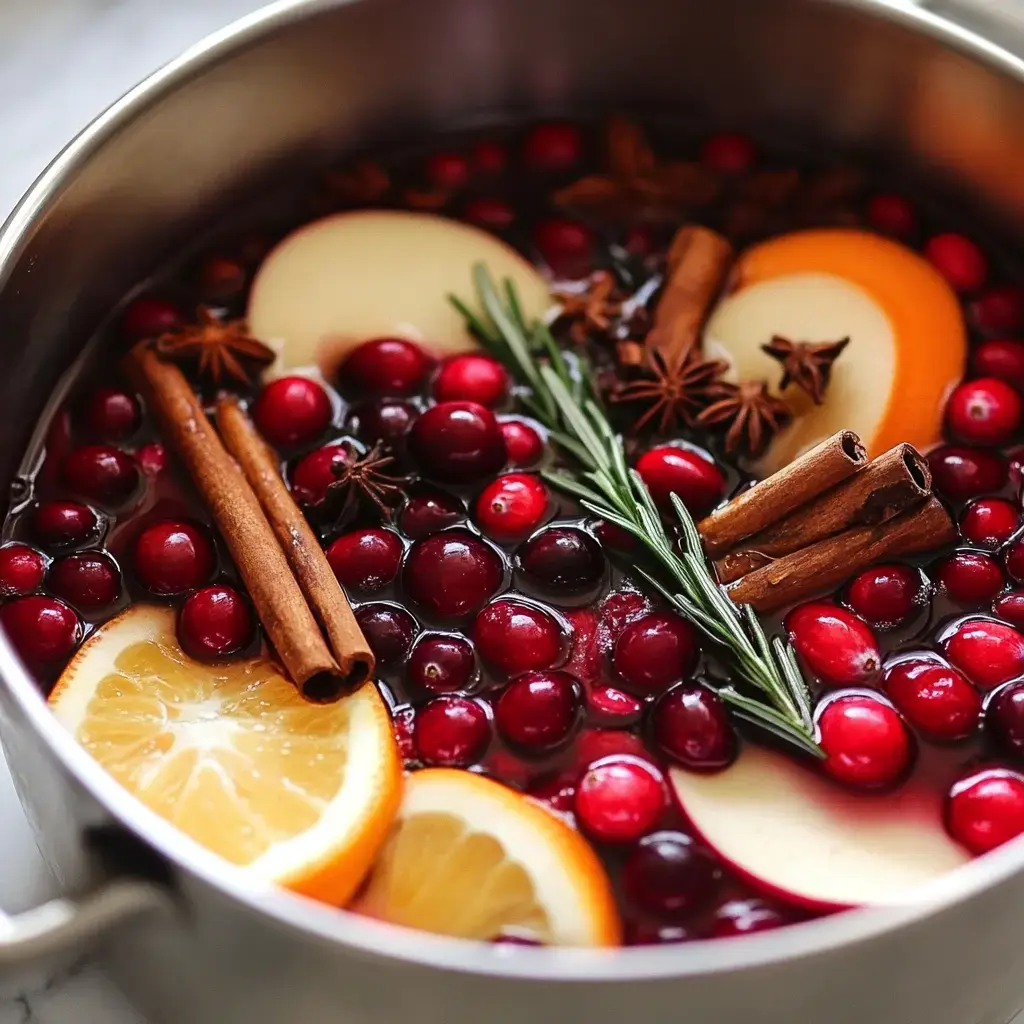 A pot filled with a mixture of cranberries, apple slices, orange slices, cinnamon sticks, and star anise, creating a festive beverage.