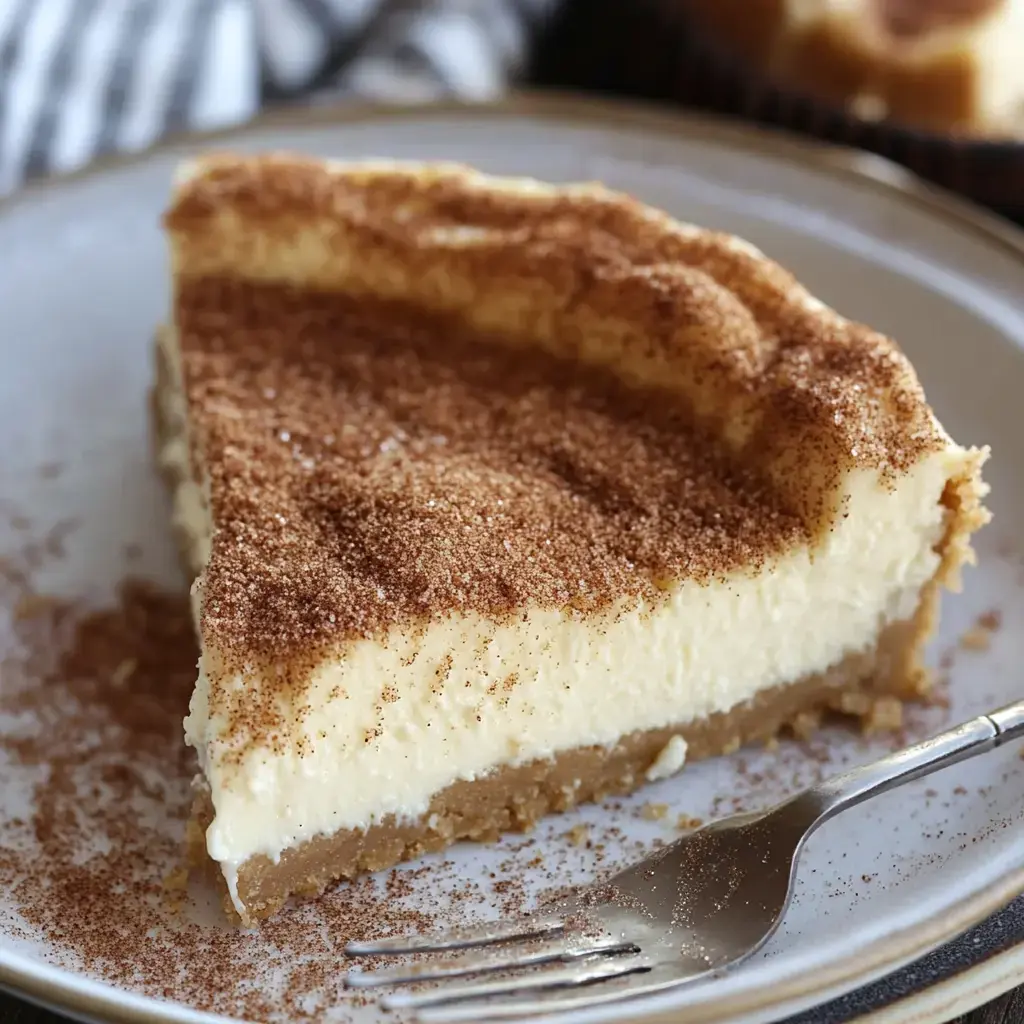 A slice of creamy cheesecake topped with a layer of cinnamon sugar rests on a plate with a fork beside it.