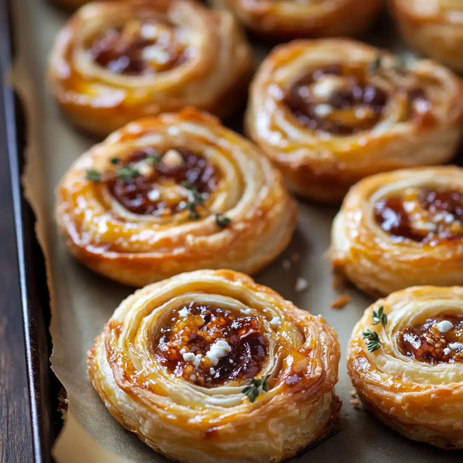 A tray of golden-brown pastry swirls filled with a sweet and savory mixture, garnished with herbs.