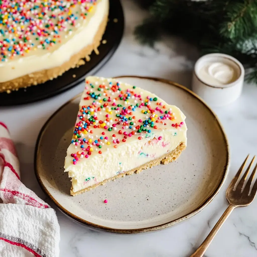 A slice of rainbow sprinkle cheesecake on a plate, with the whole cake in the background and a small dish of whipped cream nearby.