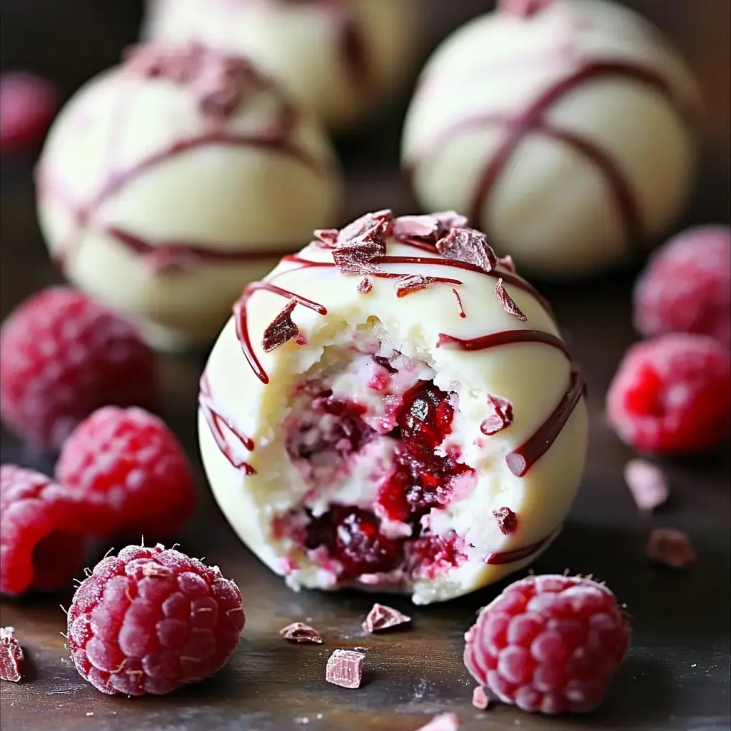 A decadent white chocolate truffle with a raspberry filling sits among fresh raspberries, showcasing a bite taken out revealing its rich interior.