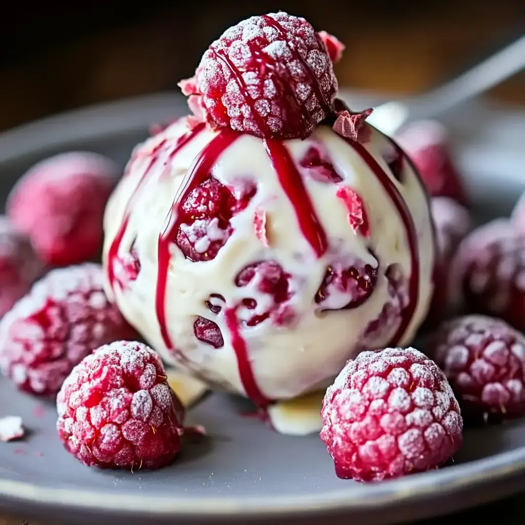 A scoop of raspberry swirl ice cream is topped with fresh raspberries and drizzled with raspberry sauce, placed on a gray plate.