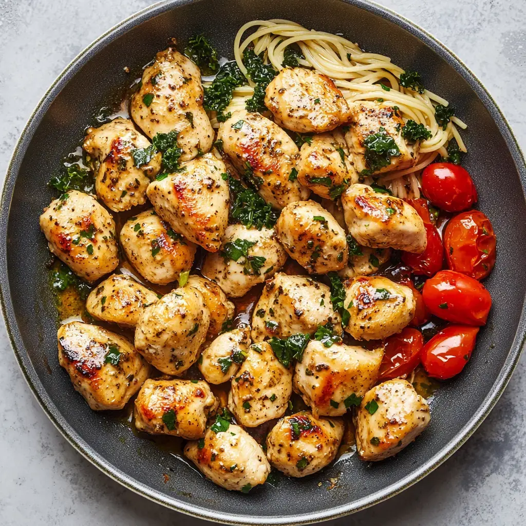 A skillet filled with golden-brown, seasoned chicken pieces, sautéed tomatoes, and green herbs, served alongside spaghetti.