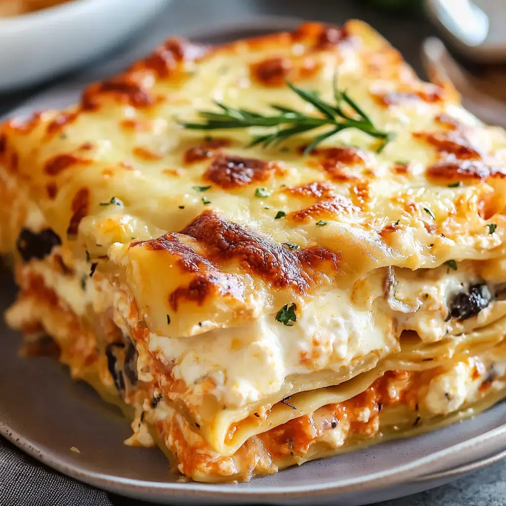 A close-up of a cheesy lasagna slice garnished with a sprig of rosemary on a gray plate.