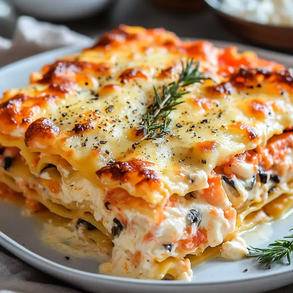 A slice of creamy lasagna layered with cheese, vegetables, and topped with a sprig of rosemary.