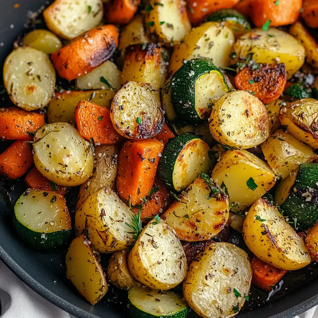 A close-up of a skillet filled with roasted potatoes, carrots, and zucchini, seasoned with herbs.