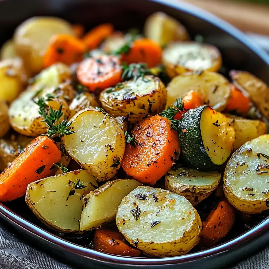 A close-up of roasted vegetables, including golden potatoes, orange carrots, and green zucchini, garnished with fresh thyme.