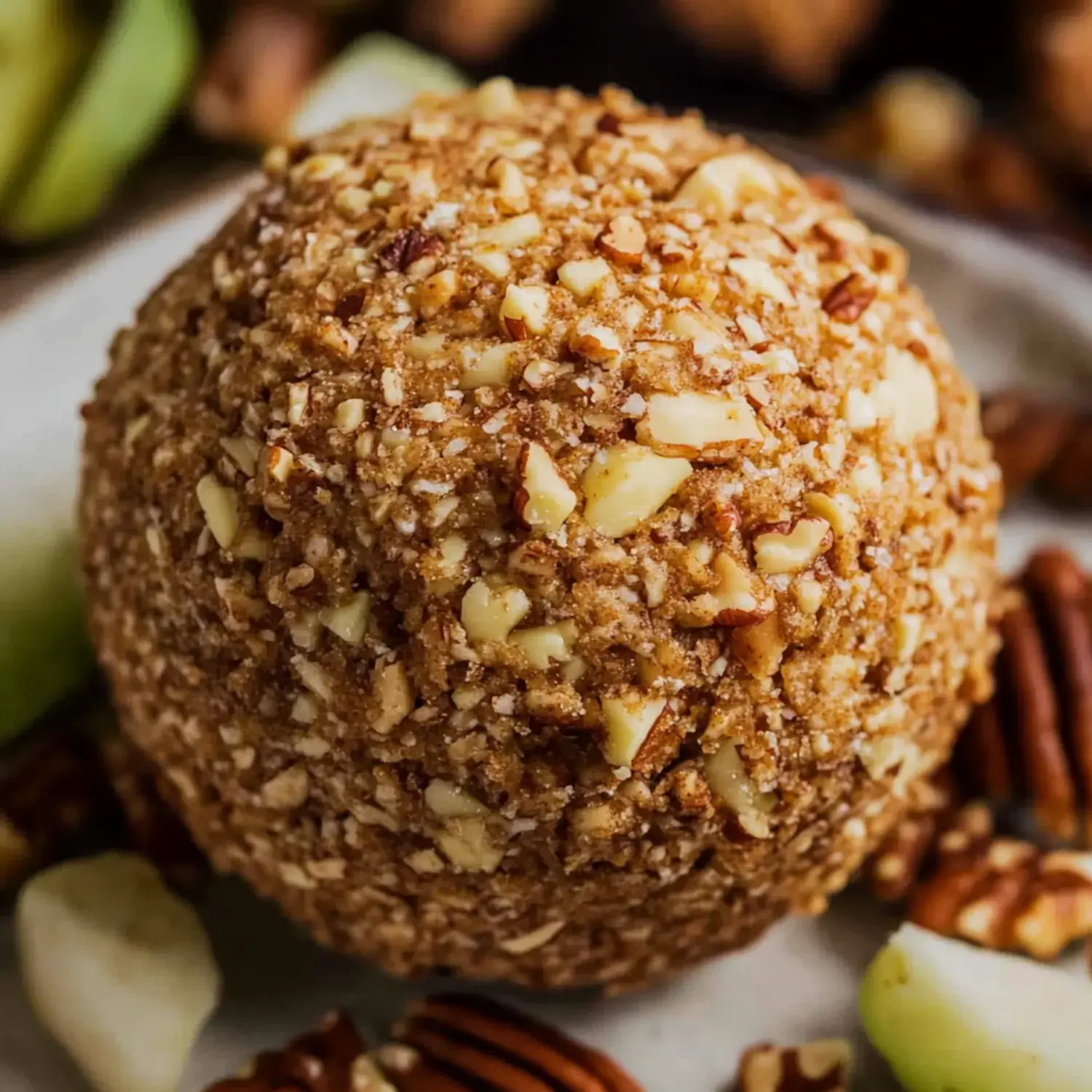 A close-up of a round cheese ball coated in finely chopped nuts, surrounded by green apple slices and pecans.