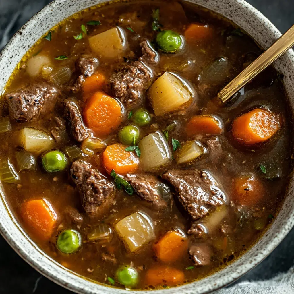 A bowl of hearty beef stew filled with chunks of beef, carrots, green peas, and potatoes in a rich broth.