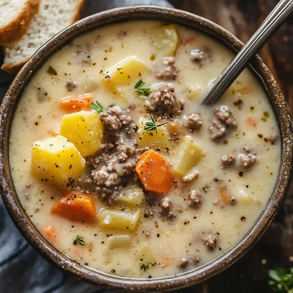 A bowl of creamy beef and vegetable soup with chunks of potatoes, carrots, and herbs, accompanied by slices of bread.