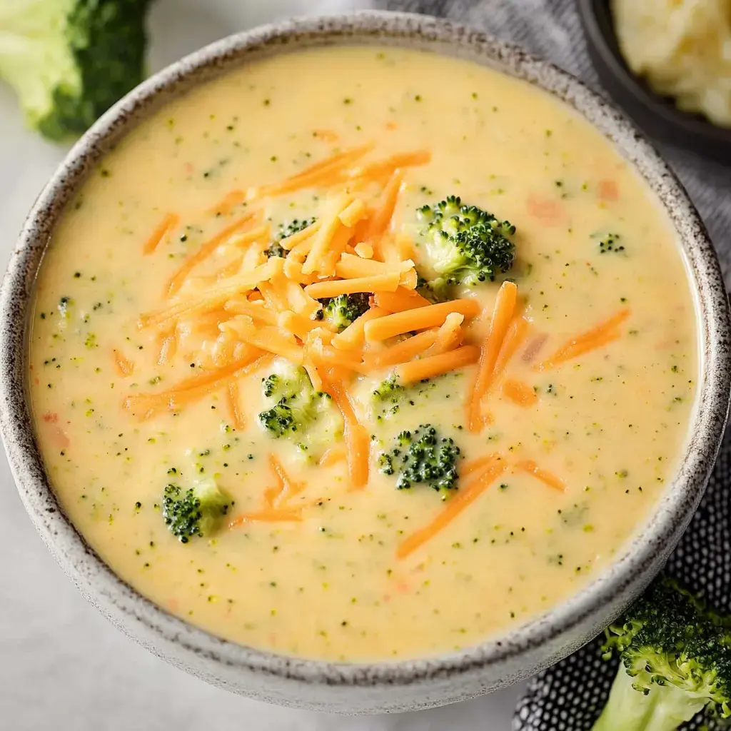 A close-up of a creamy broccoli cheddar soup topped with shredded cheese and small broccoli florets, served in a textured bowl.