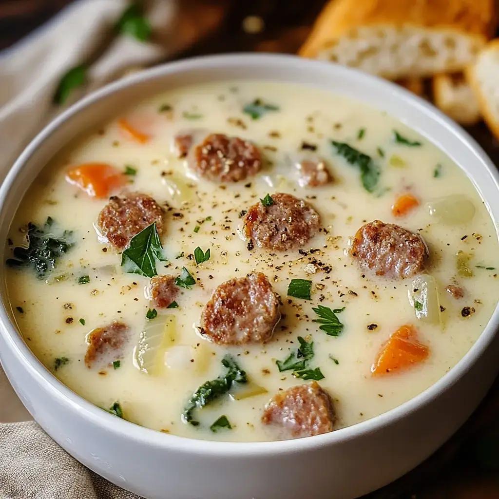 A creamy soup with sausage, vegetables, and herbs served in a white bowl, alongside a piece of bread.