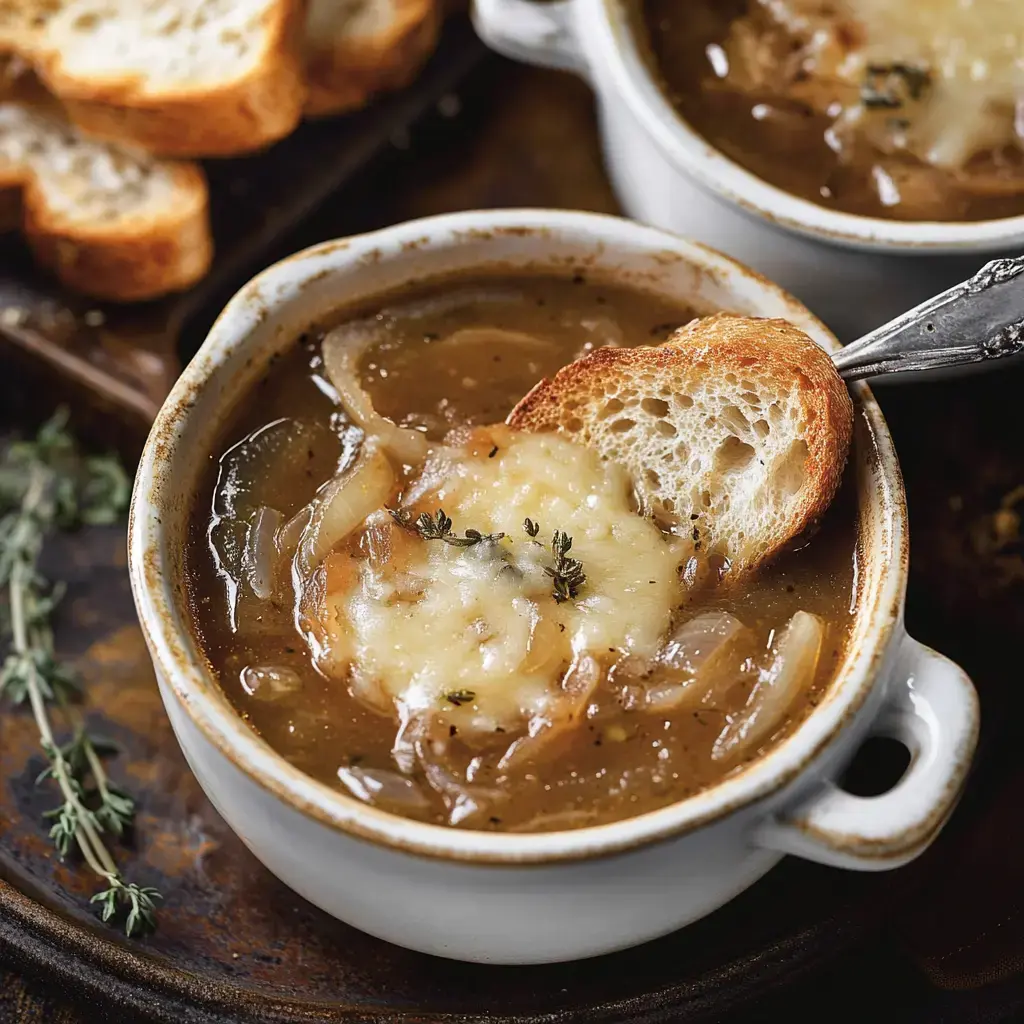 A bowl of French onion soup topped with melted cheese and a toasted bread slice, garnished with a sprig of thyme.