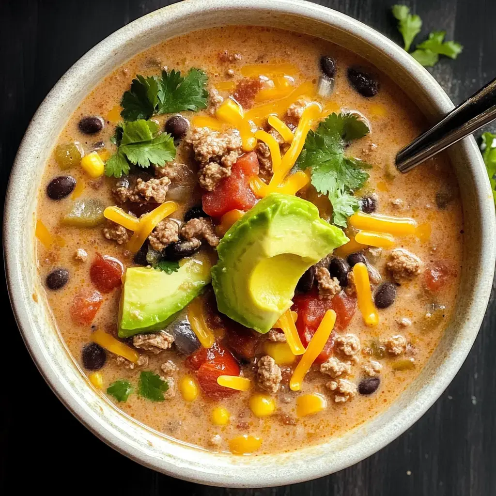 A bowl of hearty soup garnished with avocado, cheddar cheese, cilantro, and a mix of vegetables and ground meat.