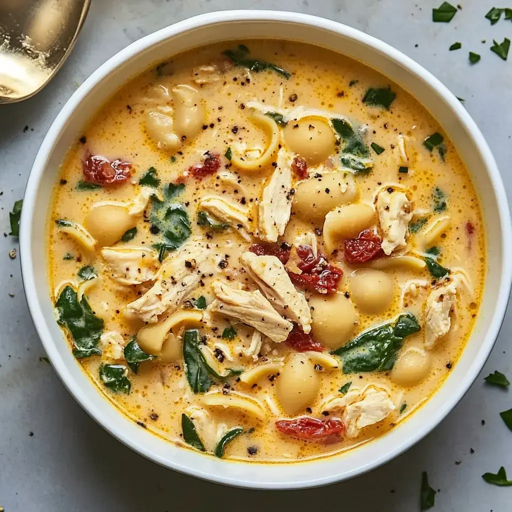 A creamy soup featuring shell pasta, shredded chicken, spinach, and sun-dried tomatoes garnished with black pepper.