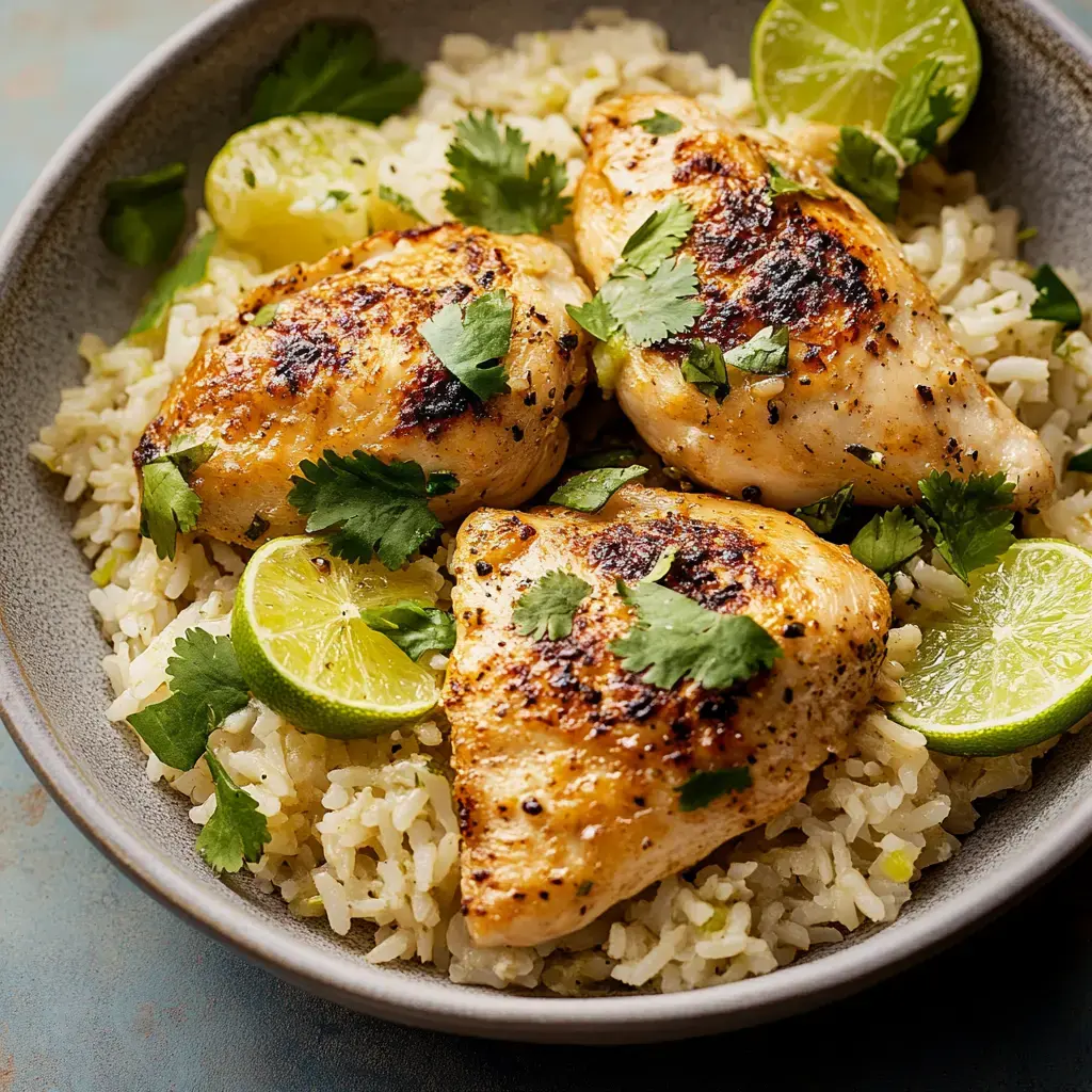 A bowl of rice topped with grilled chicken breasts, garnished with cilantro and lime wedges.