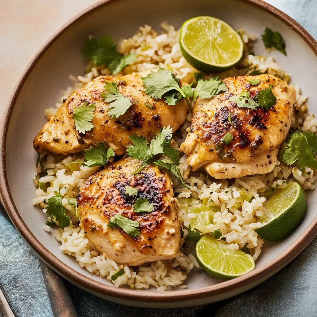 A bowl of grilled chicken thighs seasoned with herbs on a bed of cilantro-lime rice, garnished with fresh cilantro and lime wedges.