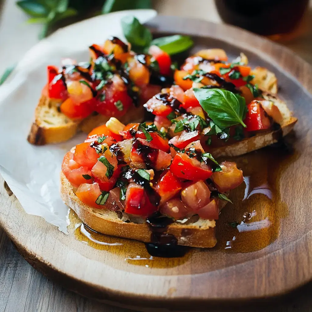 A close-up of two slices of toasted bread topped with a colorful mixture of diced tomatoes, basil, and a balsamic drizzle on a wooden plate.