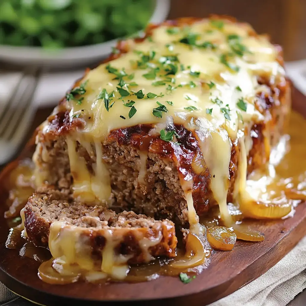 A close-up of a sliced meatloaf topped with melted cheese and garnished with parsley, served on a wooden platter.