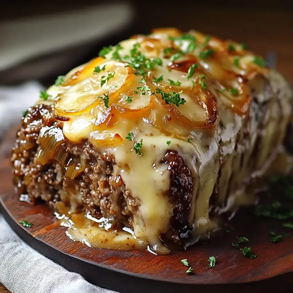 A close-up of a meatloaf topped with melted cheese, caramelized onions, and fresh parsley, served on a wooden platter.