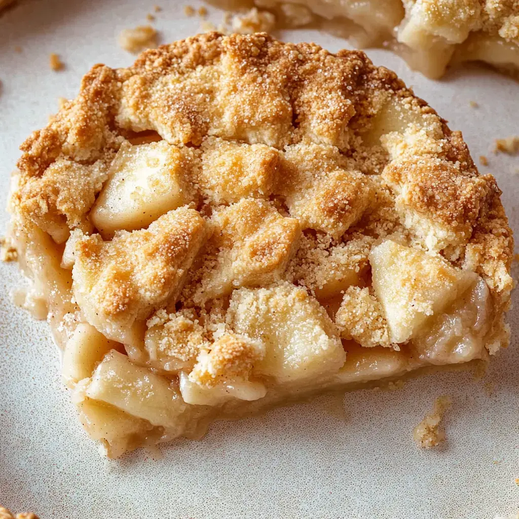 A close-up of a slice of apple crumble dessert, showing a buttery, crumbly topping over soft, baked apple pieces.