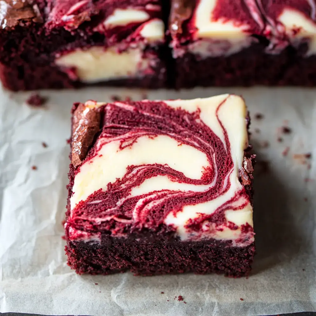 A close-up image of a slice of red velvet marble cheesecake brownies on parchment paper.