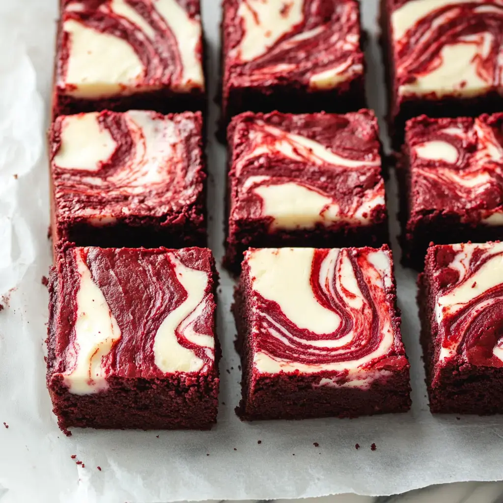 A close-up image of red velvet brownies with a cream cheese swirl, neatly cut into squares and arranged on parchment paper.