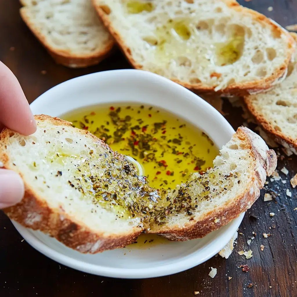 A hand dips a piece of crusty bread into a small bowl of olive oil mixed with herbs and spices.