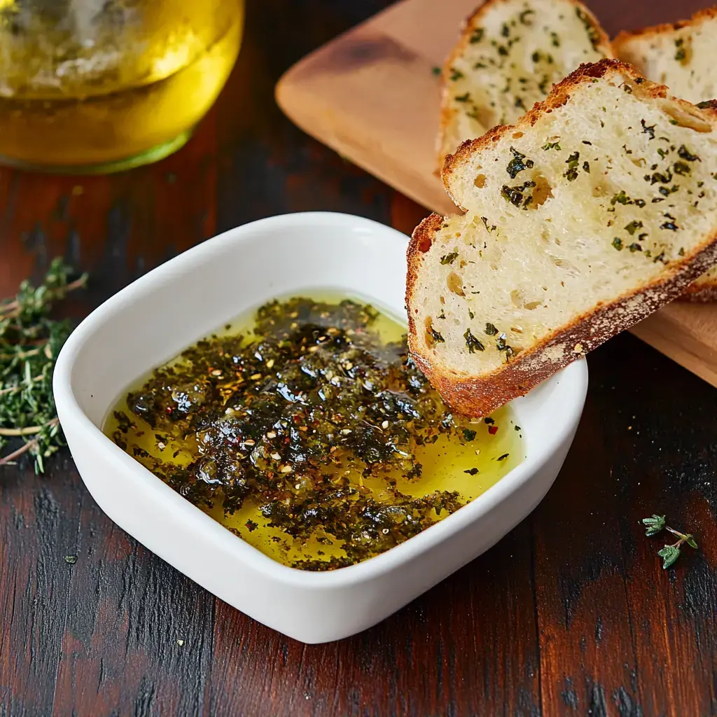 A slice of crusty bread is being dipped into a white bowl filled with herbed olive oil.