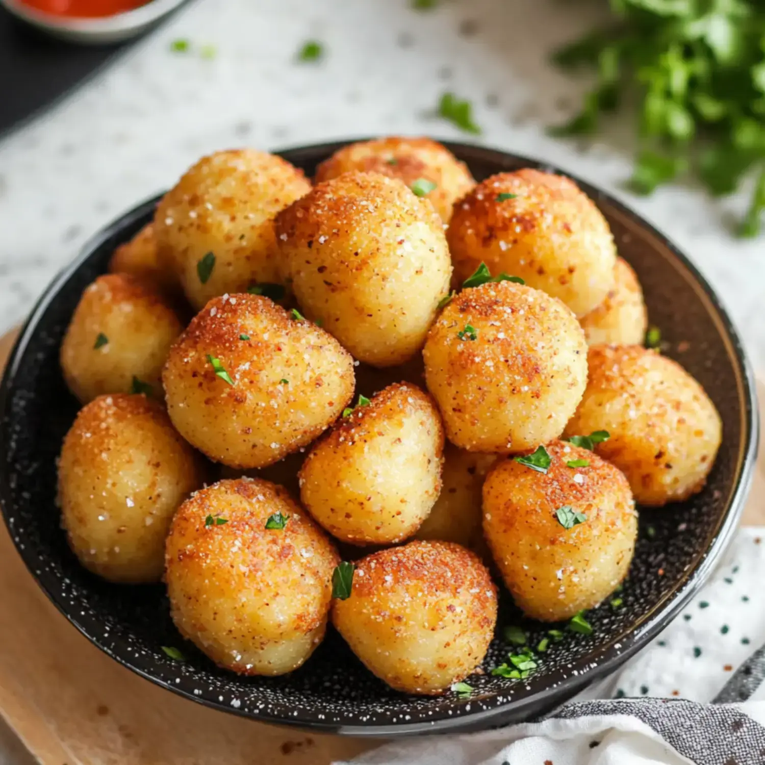 A close-up view of a black bowl filled with golden-brown, crispy fried dough balls, garnished with green herbs.