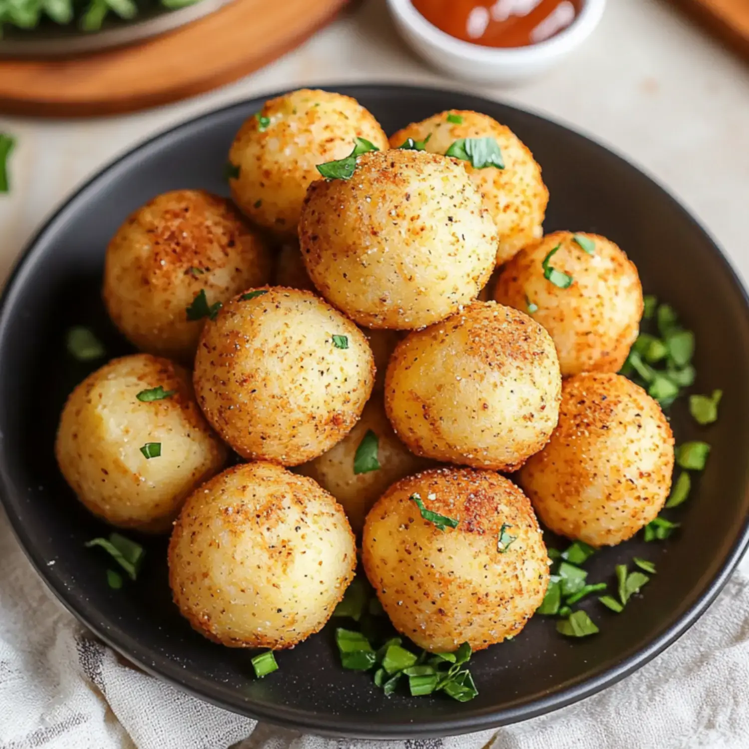 A black bowl filled with golden-brown, crispy round snacks garnished with green herbs, accompanied by a small bowl of dipping sauce in the background.