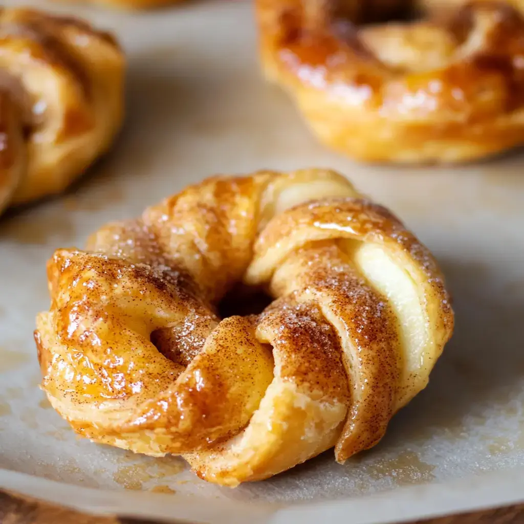 A close-up of a cinnamon-sugar pastry shaped in a twisted knot, resting on parchment paper.