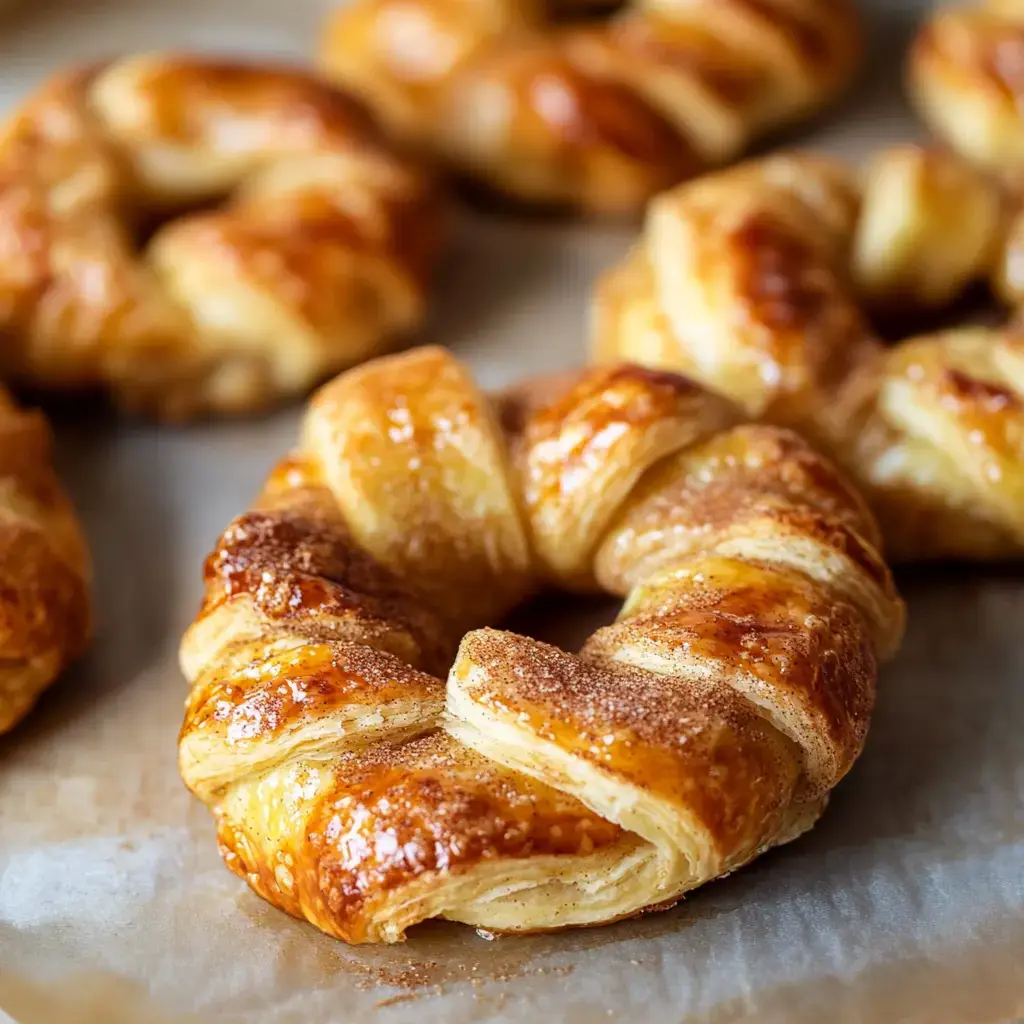 A close-up of freshly baked, golden-brown cinnamon roll pastries on parchment paper.