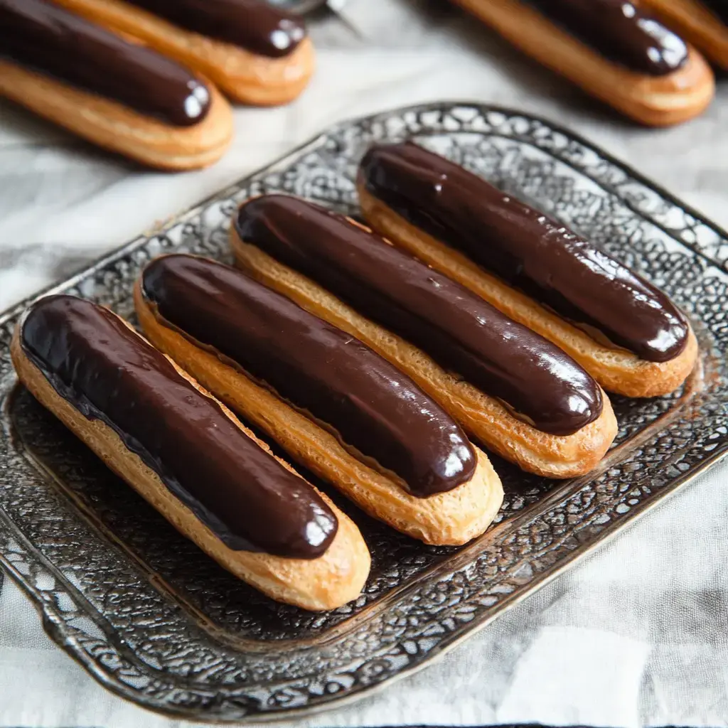 A close-up of three chocolate eclairs arranged on a decorative silver tray.