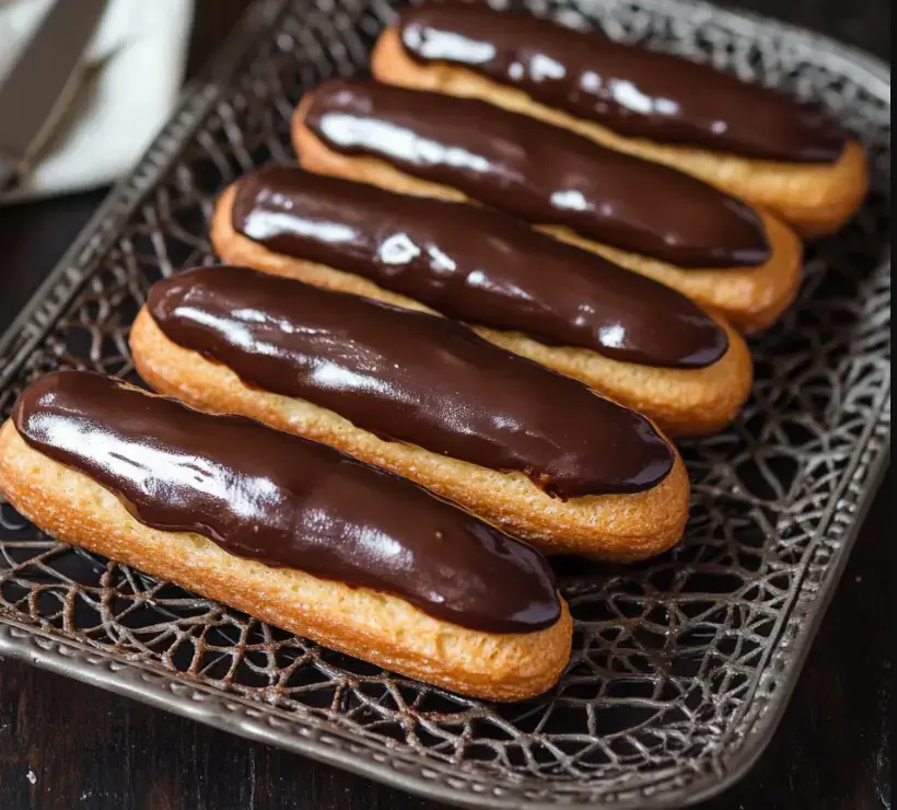 A tray of five chocolate-covered eclairs is displayed neatly.