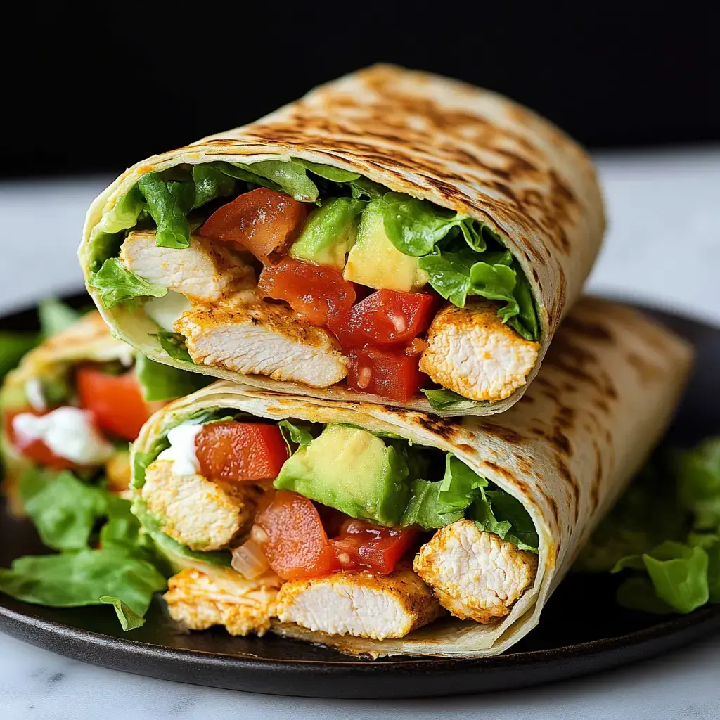 Two grilled chicken wraps filled with lettuce, tomatoes, and avocado, stacked on a plate.