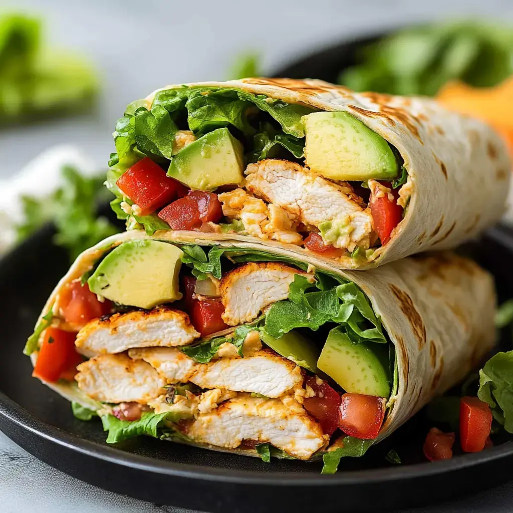 A close-up of two sliced tortilla wraps filled with grilled chicken, lettuce, tomatoes, and avocado, served on a black plate.