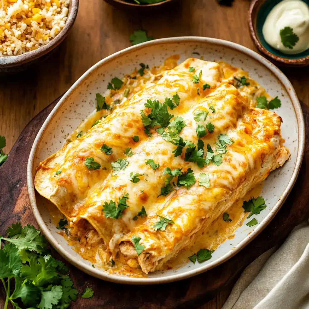 A plate of cheesy chicken enchiladas topped with fresh cilantro, served alongside bowls of grains and sour cream.