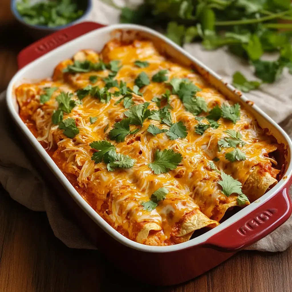 A dish of cheese-covered enchiladas garnished with fresh cilantro, served in a red baking dish.